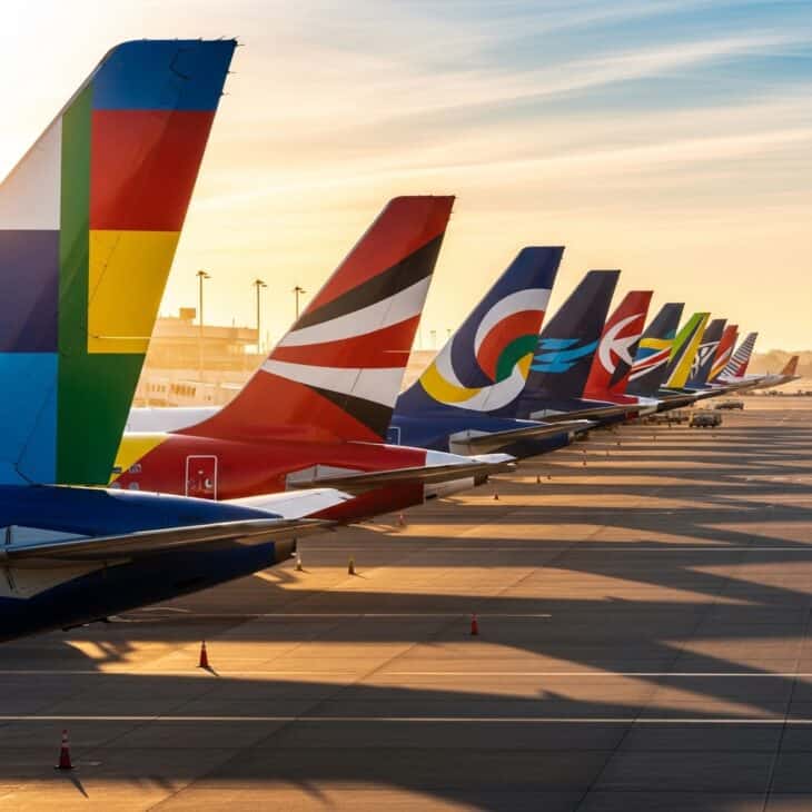 Row of aircraft tails in different distinctive colour schemes lined up at airport gates in morning sunlight