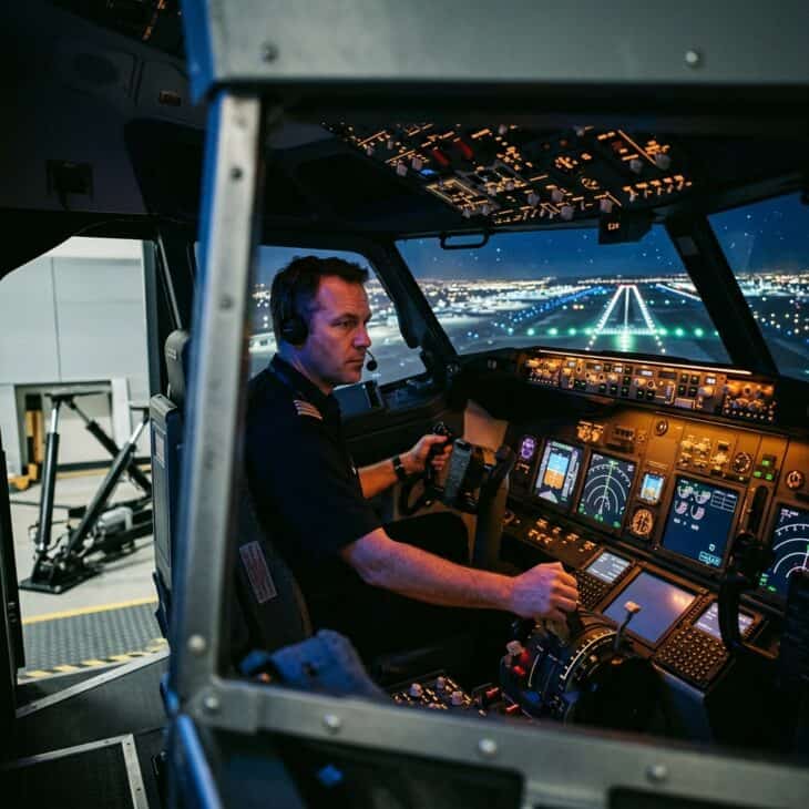 Person at the controls of a full-motion flight simulator with night approach runway lights visible on the display