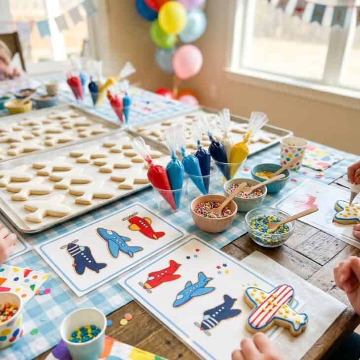 Party activity table with airplane-shaped sugar cookies, colored icing piping bags, and sprinkle bowls for decorating