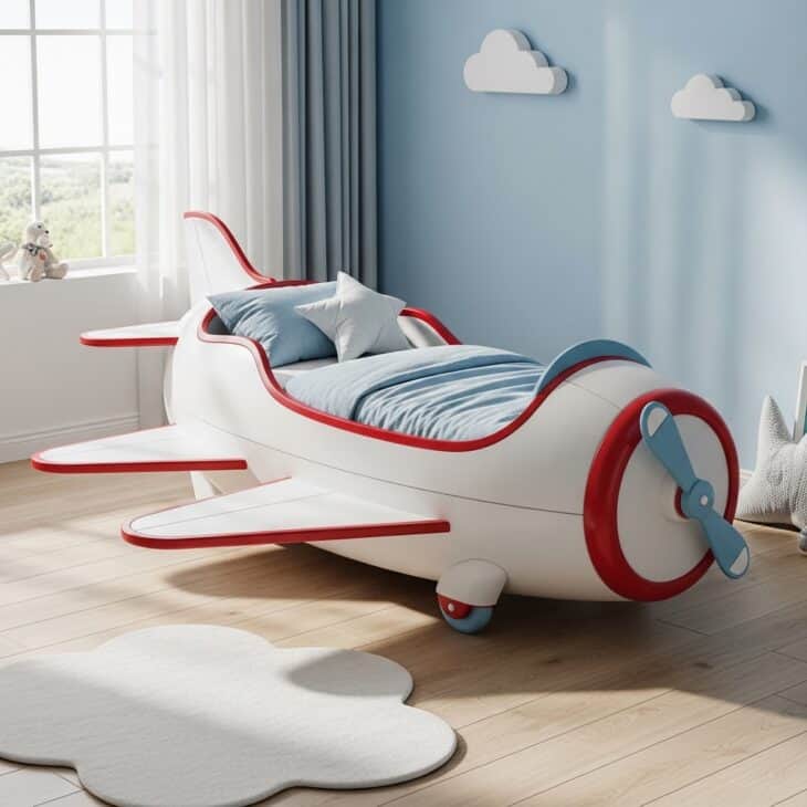 Child's bed built in the shape of a small white and blue airplane with wings