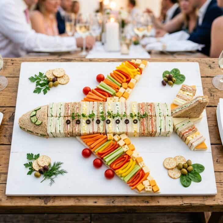 Large platter arranged as a passenger jet shape using finger sandwiches as fuselage and vegetable sticks as wings