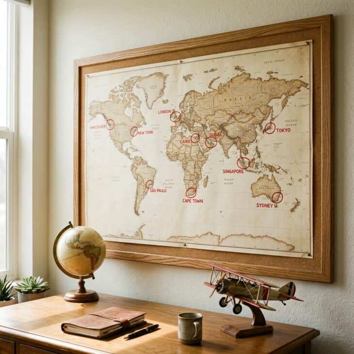 World map with hand-drawn circles marking destinations in a cork-backed oak frame on an office wall