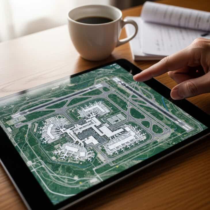 Tablet showing satellite map view of an airport with runways and terminal layout visible from above