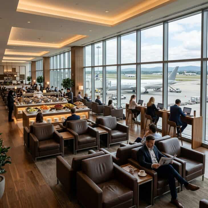 Premium airport lounge with leather armchairs, floor-to-ceiling runway view windows, and a full buffet spread