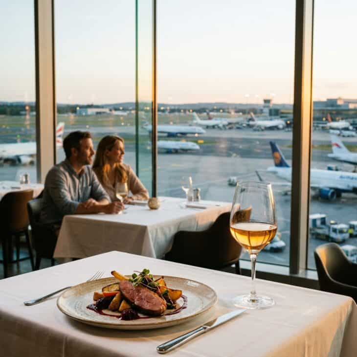 Airport restaurant with runway view at dusk, plated local cuisine, white tablecloth, and a glass of wine