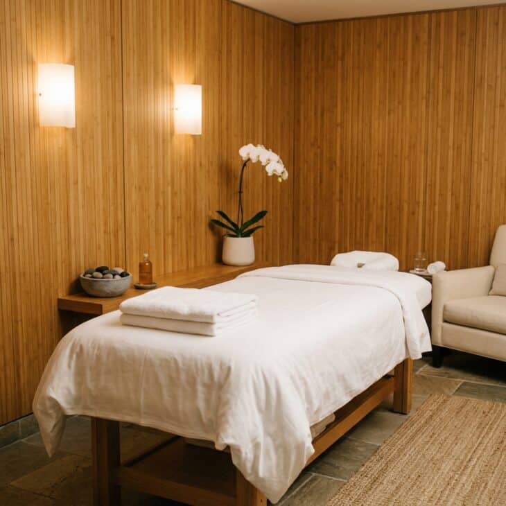 A calm airport spa treatment room with bamboo walls, white massage table, orchid, and soft warm lighting