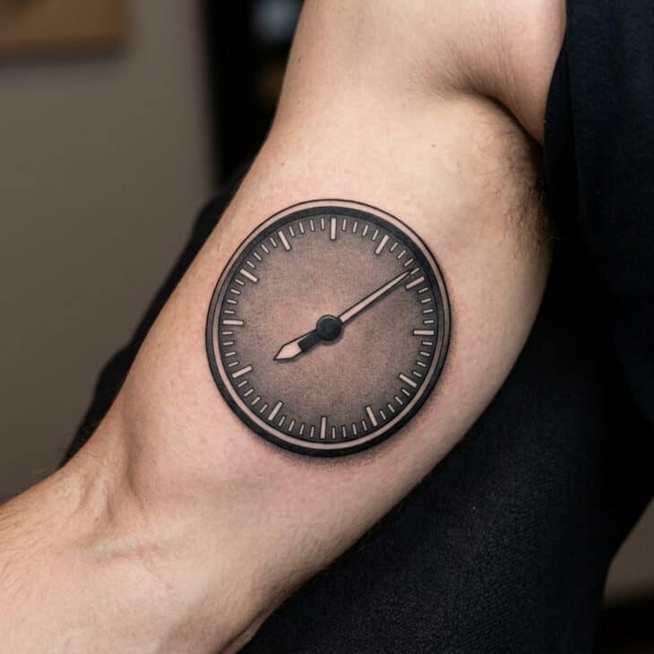 Black and grey altimeter dial tattoo on an adult upper arm with generic tick marks and clean instrument needles