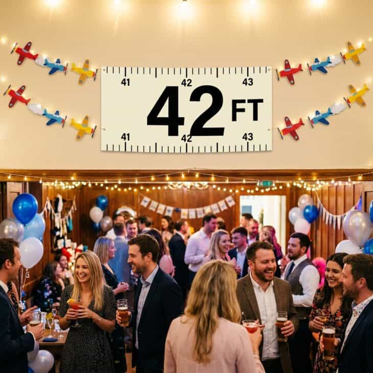 Birthday banner styled as an altimeter readout showing the birthday person's age in bold numerals flanked by airplane garlands