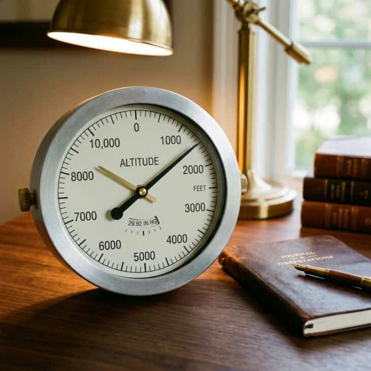 Altimeter-style desk clock with cream face and brushed aluminum bezel on a dark walnut desk beside a leather notebook