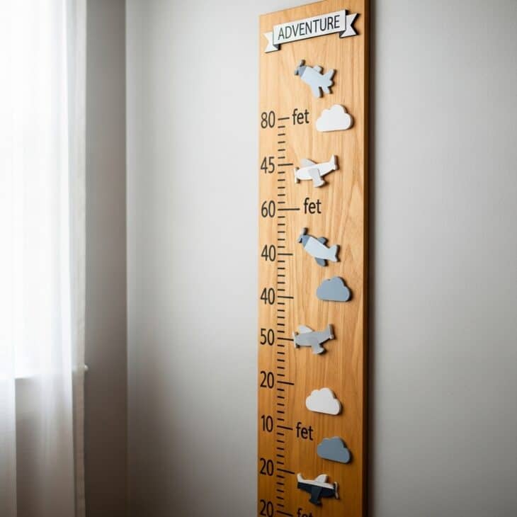 Wooden growth chart styled as an altitude scale with airplane icons