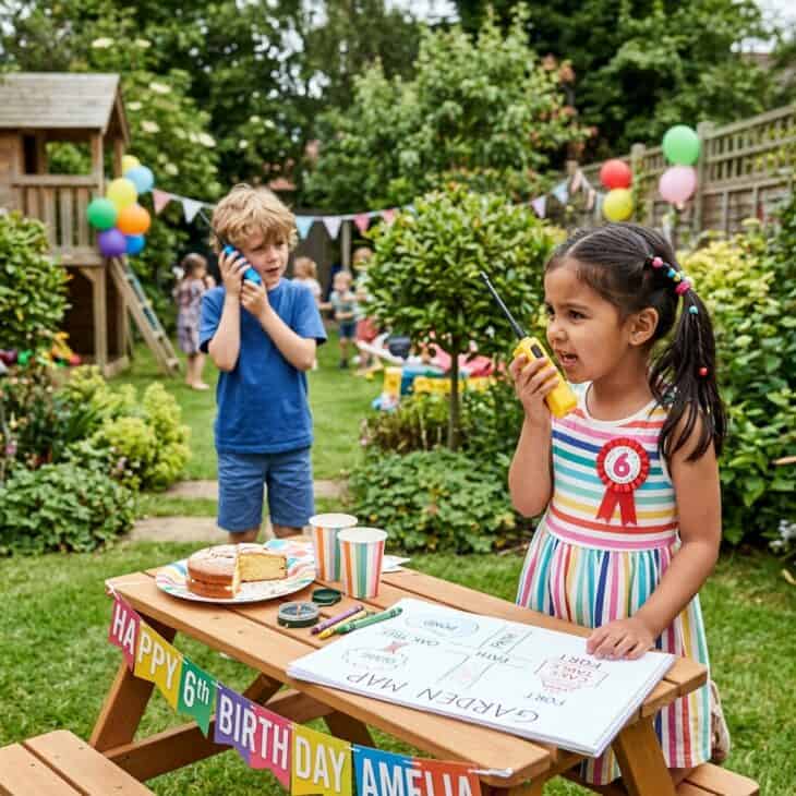 Two children playing an air traffic control game with walkie-talkies in a garden, using a hand-drawn map as their chart