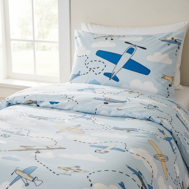 Kid's bed made up with a duvet printed with planes, clouds, and flight paths