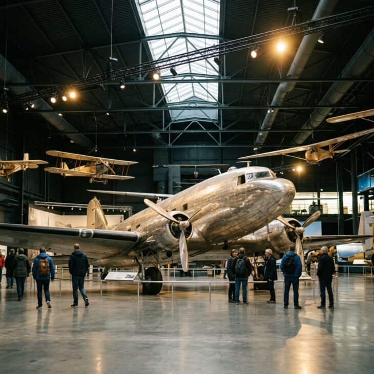 Interior of an aviation museum with a preserved vintage twin-engine transport aircraft under dramatic spotlights, visitors exploring below