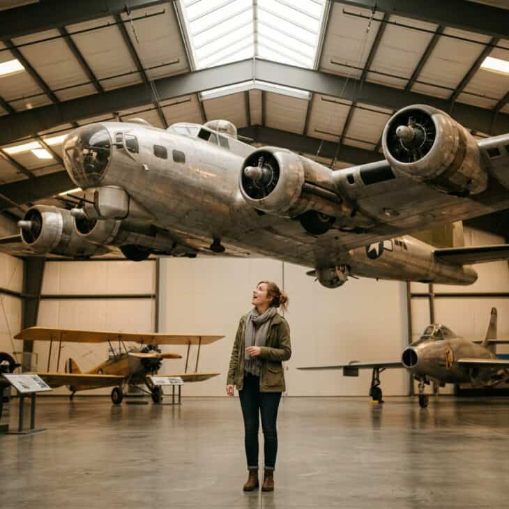 Visitor looking up at a suspended WWII bomber in an aviation museum with other historic aircraft in the background