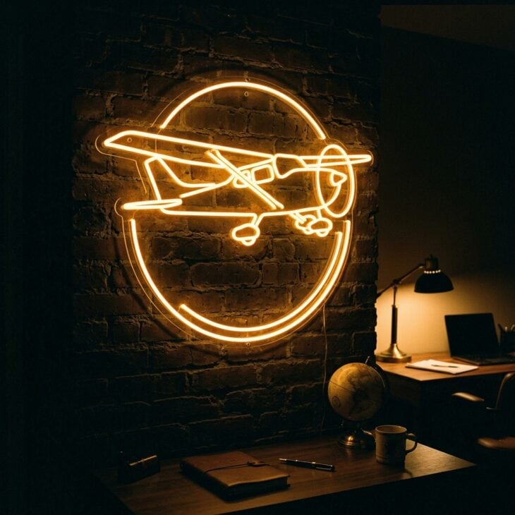 Golden amber neon sign shaped like a propeller aircraft silhouette on a dark exposed brick wall in a moody office