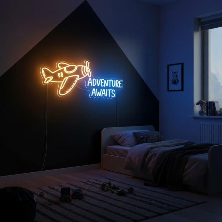 Glowing LED neon-style airplane sign on a dark bedroom feature wall