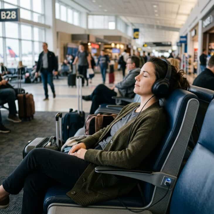Traveler with noise-cancelling headphones settled in an airport chair, eyes closed, absorbed in listening with terminal in background