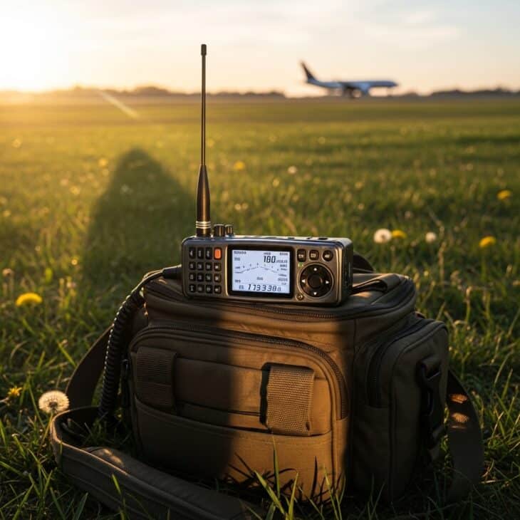 Handheld aviation radio on a spotter's bag with a blurred aircraft approaching in the background