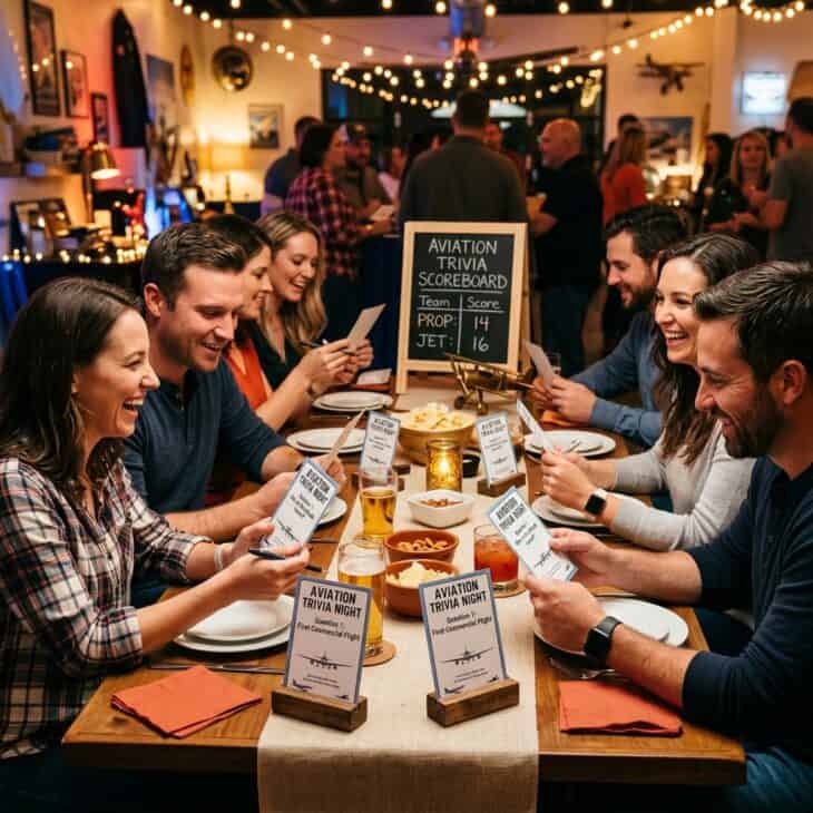 Aviation trivia game at a birthday party with printed question cards at each place setting and a chalkboard scoreboard