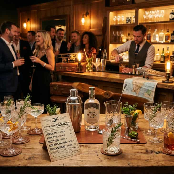 Vintage aviation-themed cocktail bar with crystal glasses, chrome shaker, and flight manifest cocktail menu card in warm amber light