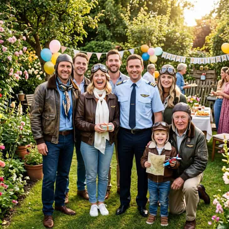 Birthday party guests in aviator-themed dress including leather caps, goggles, pilot shirts, and flying jackets in a garden setting