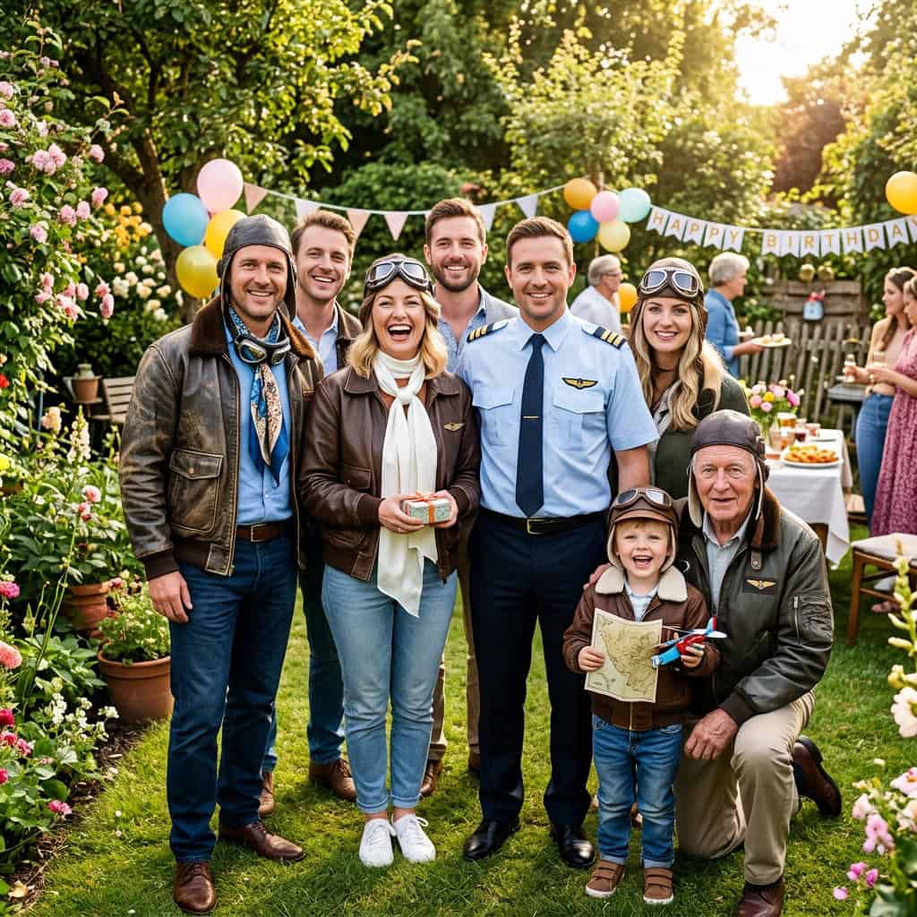 Birthday party guests in aviator-themed dress including leather caps, goggles, pilot shirts, and flying jackets in a garden setting