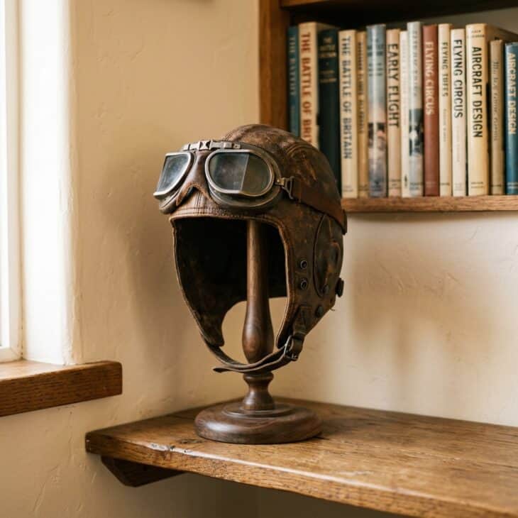 Vintage brown leather aviator helmet with goggles on a wooden display stand on a corner shelf