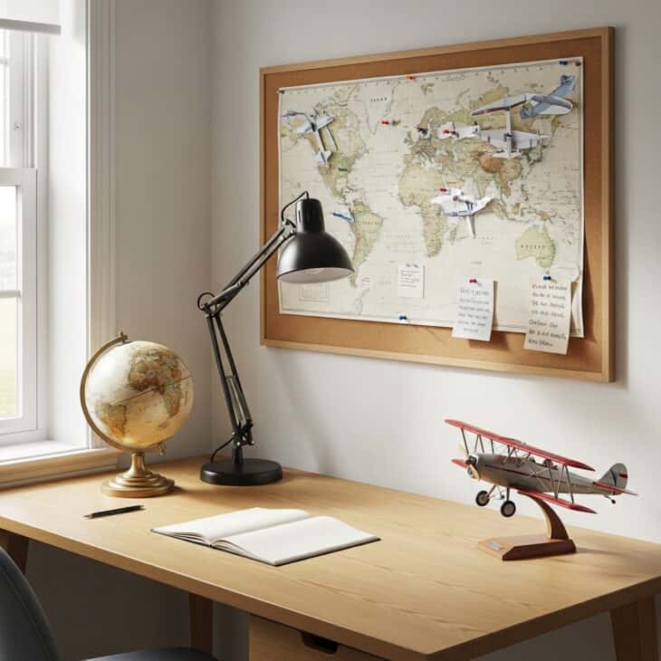 Kid's desk styled as an aviation workstation with a globe, lamp, and model plane