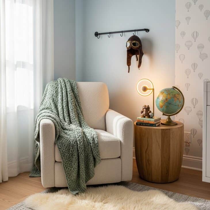 Cozy nursery reading nook with a globe, vintage goggles, and an armchair