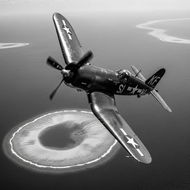 WWII fighter aircraft banking over a turquoise Pacific ocean with a coral atoll and lagoon visible below in brilliant sunlight