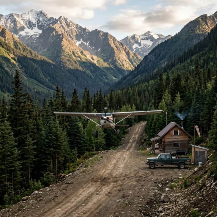 Bush plane on final approach to a narrow uphill dirt airstrip in a mountain valley with pine trees close on both sides