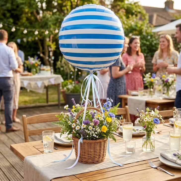 Hot air balloon table centerpiece with blue and white striped helium balloon and wicker basket with flowers on a party table