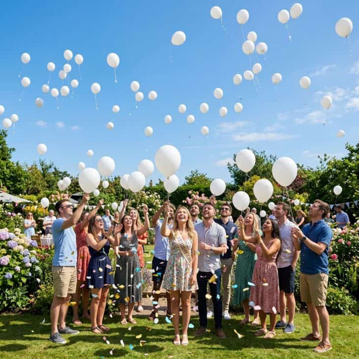 Party guests releasing white biodegradable helium balloons into a clear blue sky at the end of an aviation birthday party