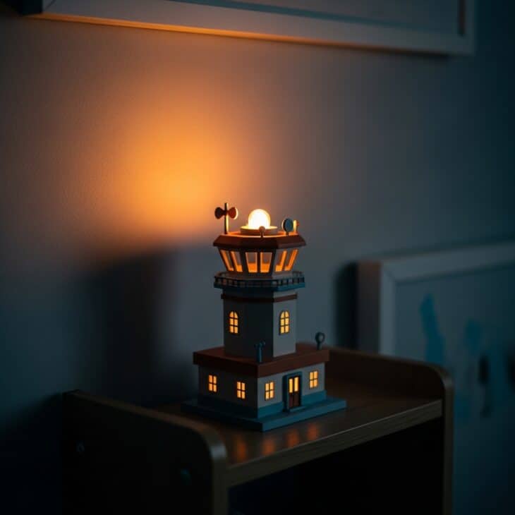 Miniature airfield beacon night light glowing warm amber in a dim nursery