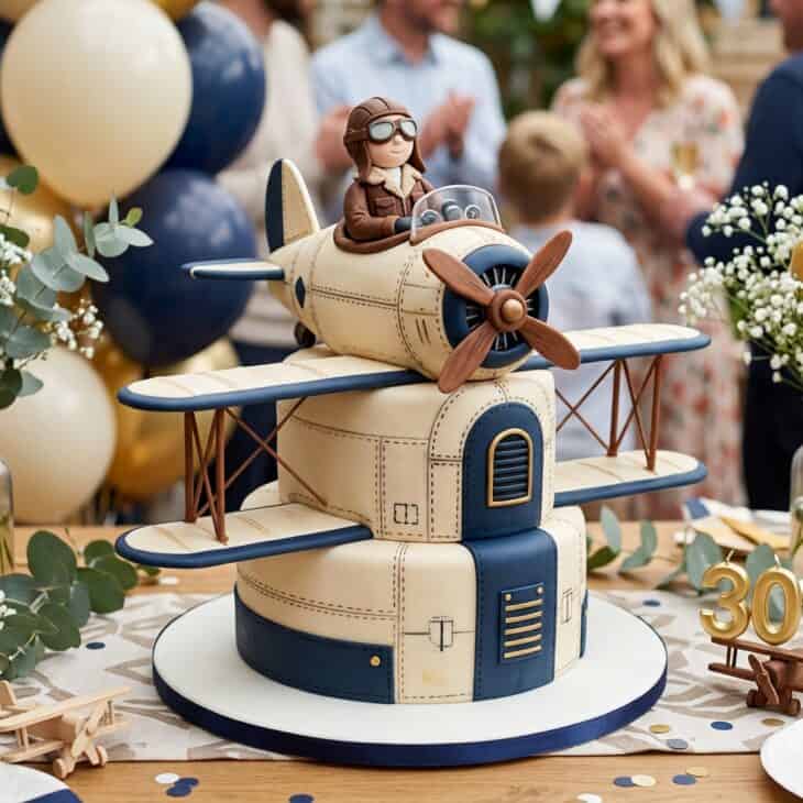 Tiered birthday cake decorated as a vintage biplane with fondant wings, cockpit, and pilot figure on top