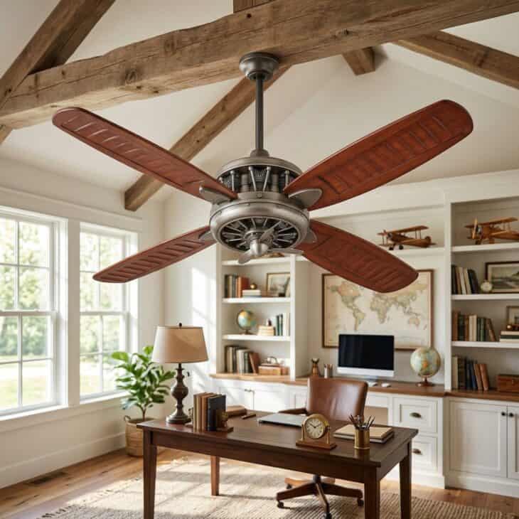 Ceiling fan with biplane wing shaped blades and radial engine hub in a bright home office with wood beams