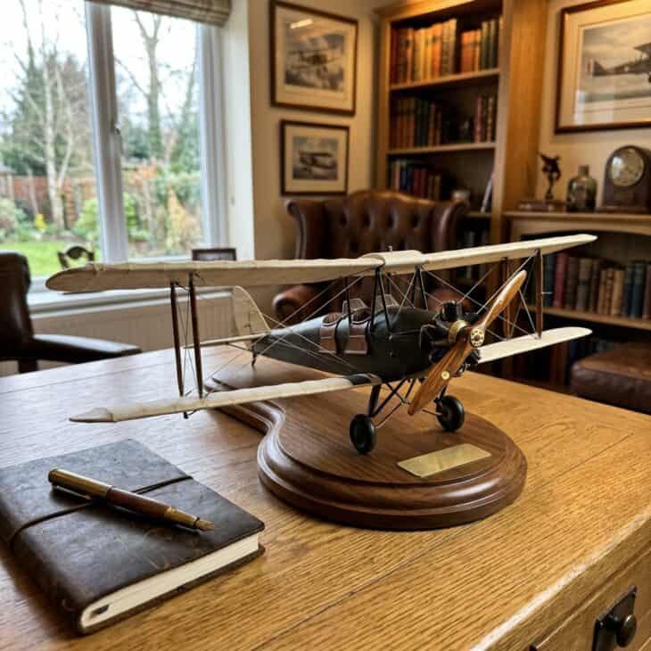 Hand-built 1930s biplane scale model with fabric wings on a turned wooden base beside a leather notebook