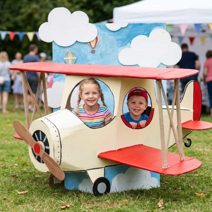 Two children posing with faces through cutout holes in a painted cardboard biplane photo booth prop with sky backdrop