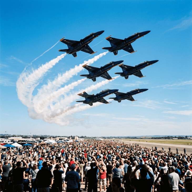 Six jet aircraft in tight diamond formation banking overhead an air show crowd against a vivid blue sky