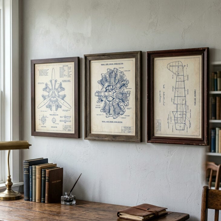 Three framed vintage aviation blueprint prints showing a propeller, engine cross-section, and aircraft fuselage on a grey office wall