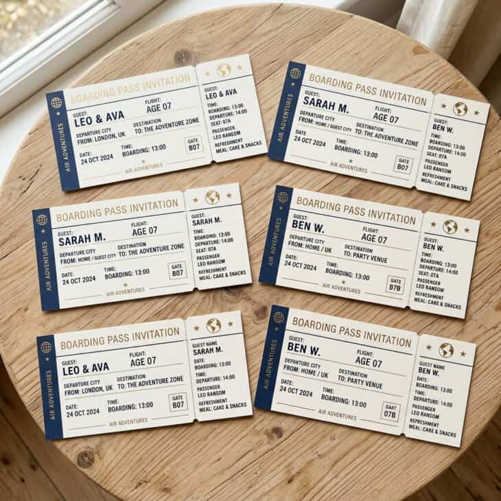 Boarding pass party invitations in navy and gold on cream card stock spread on a light wood surface