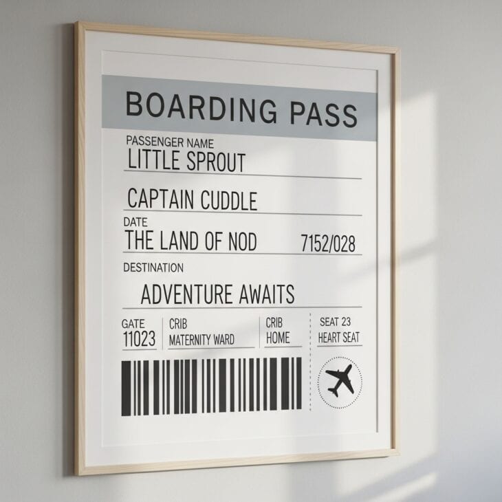 Framed oversized boarding pass print personalized with a baby's name and birth date
