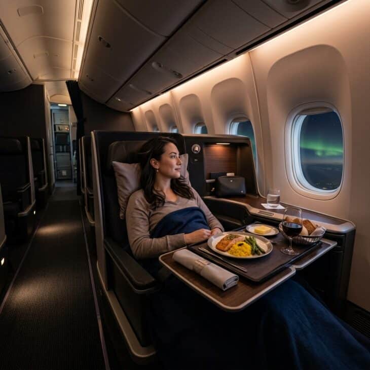 Passenger in business class flat bed seat at night with aurora visible through the window