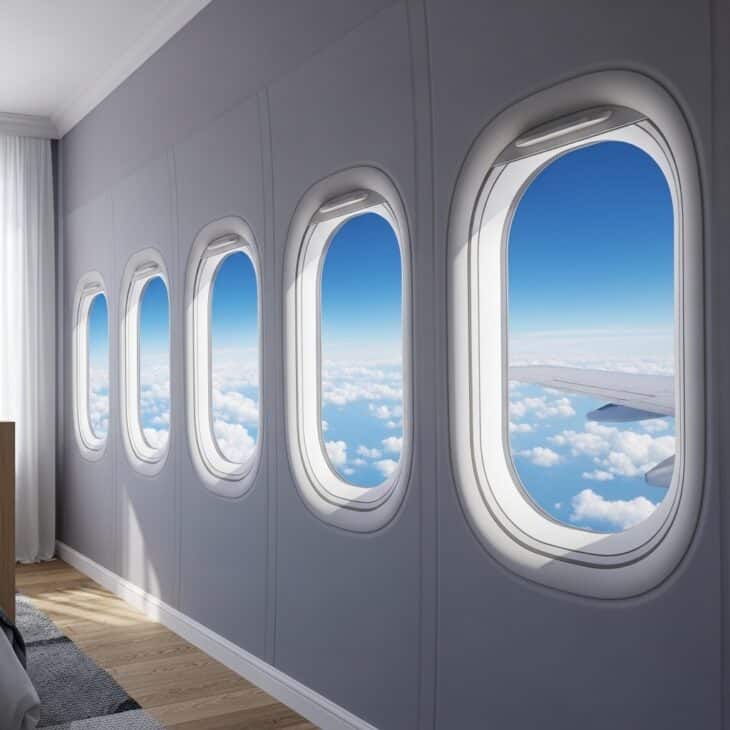 Row of airplane cabin window decals showing sky views along a bedroom wall