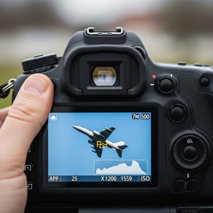 Camera LCD screen showing exposure settings and a crisp aircraft preview image on the display