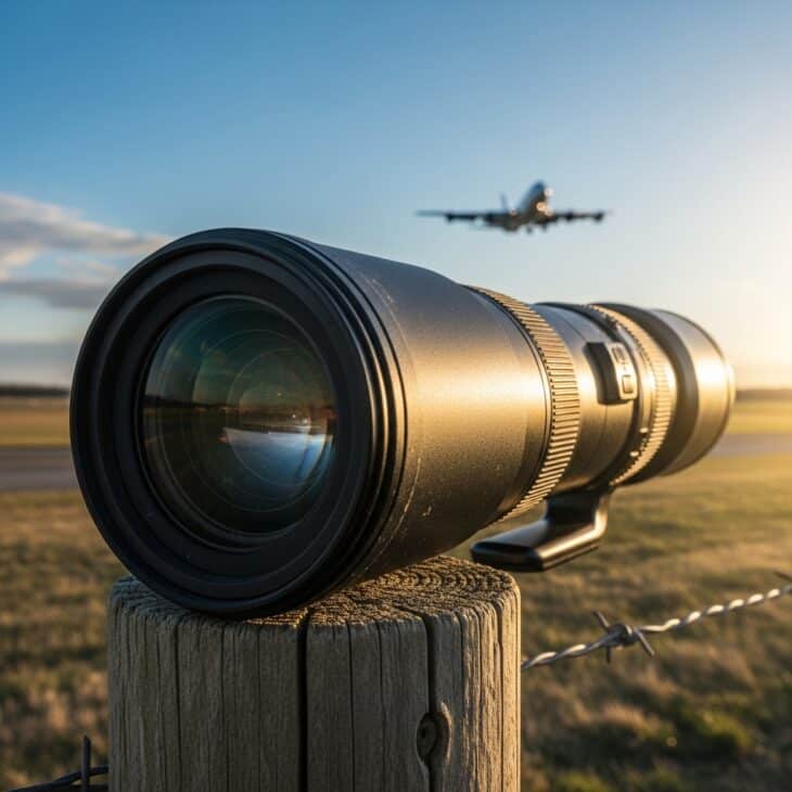 Telephoto camera lens on a fence post with a blurred aircraft on approach in the background