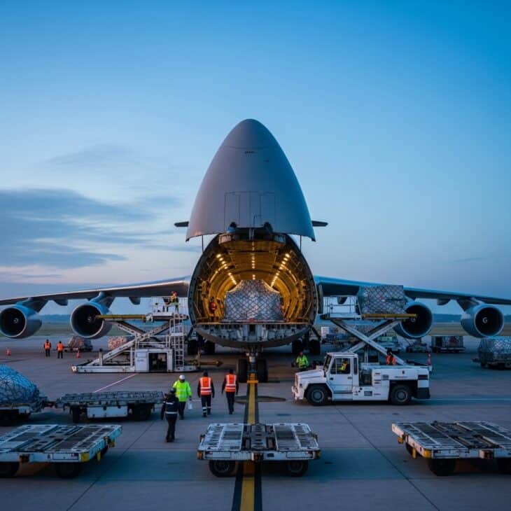 Large cargo freighter with nose door open at a freight terminal in early morning light with ground equipment visible
