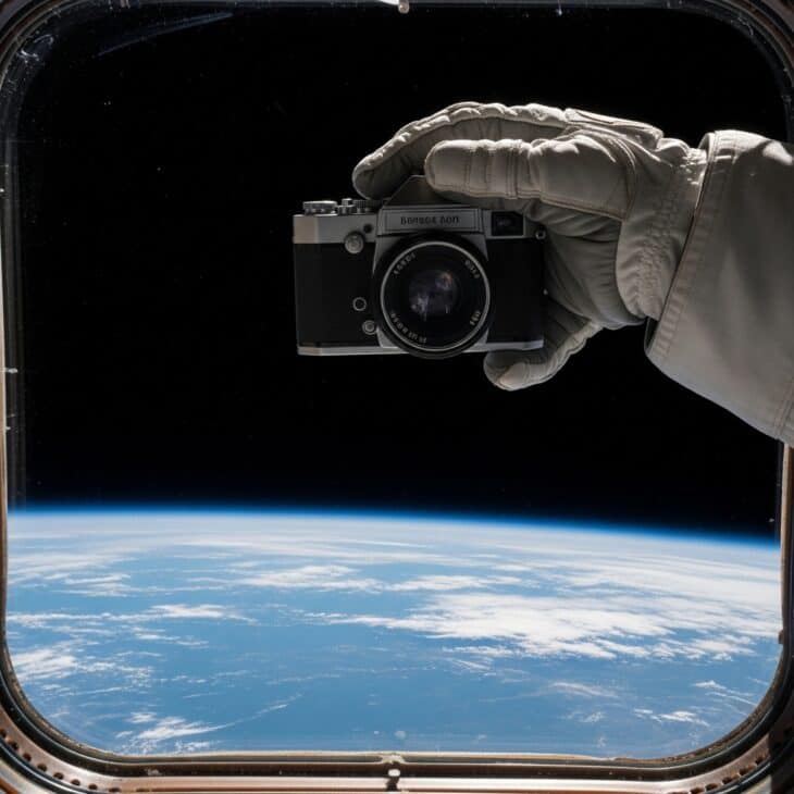 Spacesuit glove holding a camera at a spacecraft window with Earth's blue curvature below and black space above
