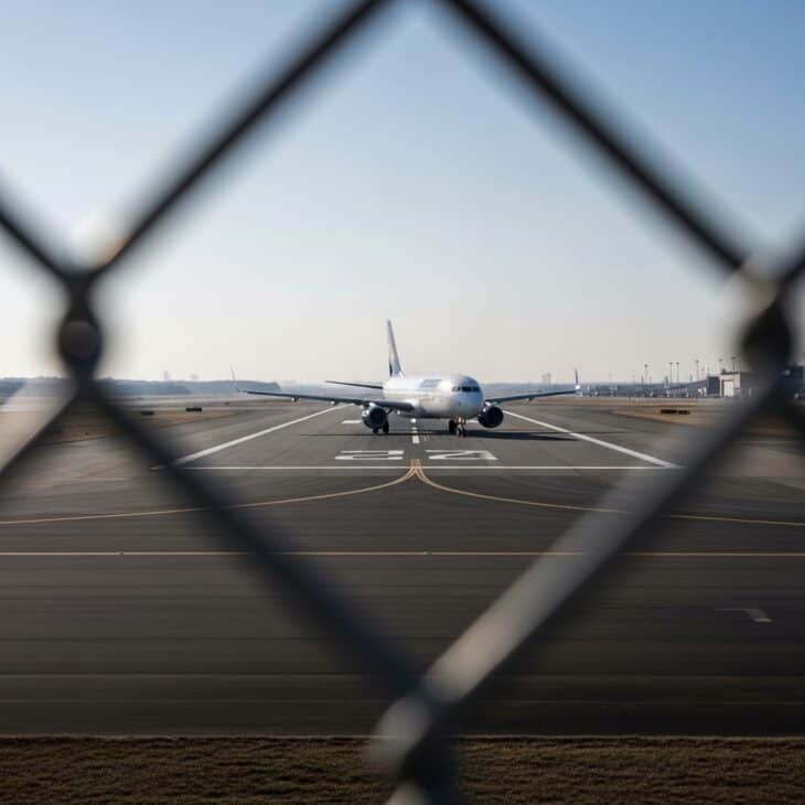 Aircraft shot through a chain-link fence at wide aperture, the fence completely blurred and the aircraft sharp and detailed