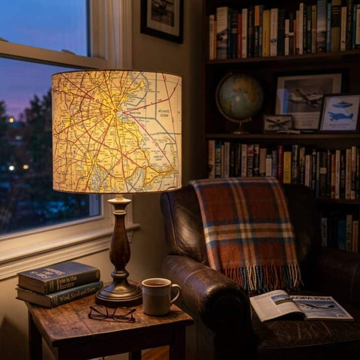 Sectional chart lampshade glowing with warm amber light on a side table in a home office reading corner